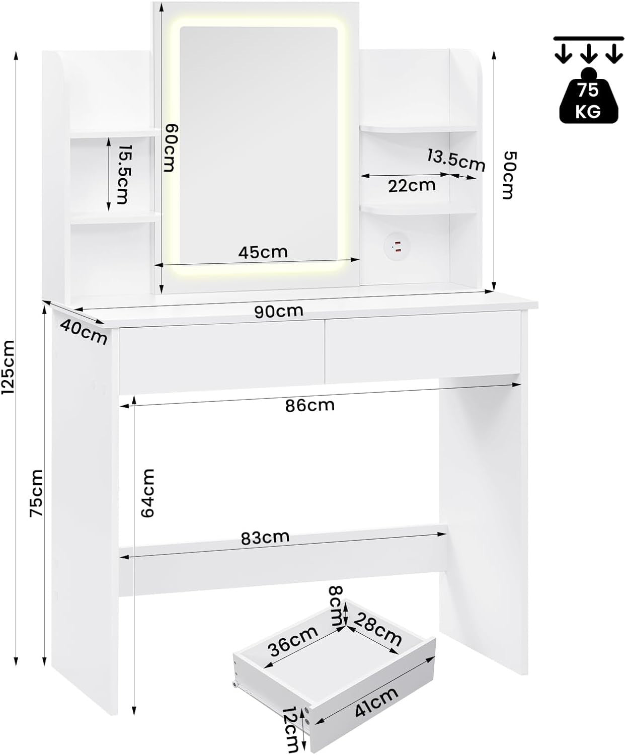 White Vanity Dressing Table Set LED Mirror Glass Top Charging Station 5 Drawers