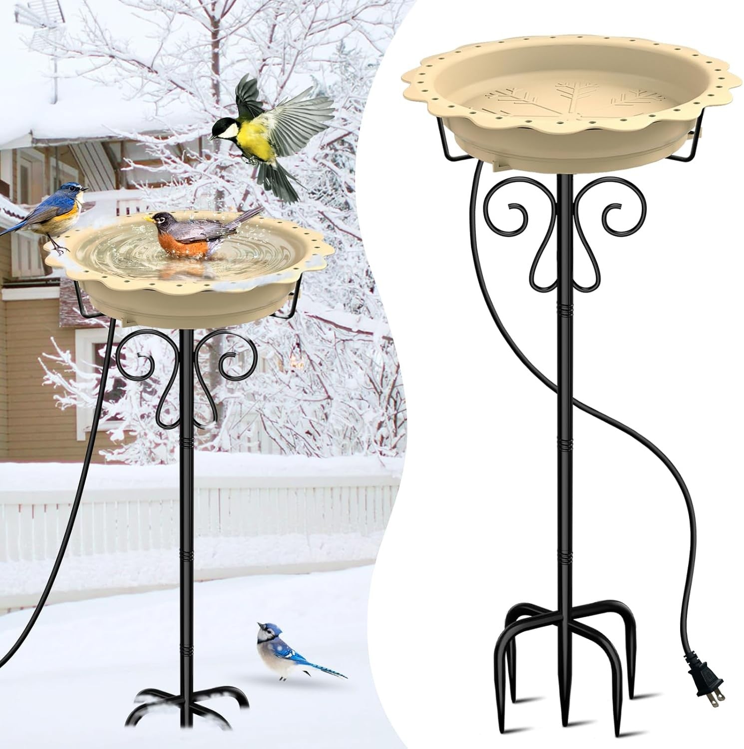 Heated Bird Bath Outdoor Water Feeder 100W Thermostat Metal Stand Winter Safe
