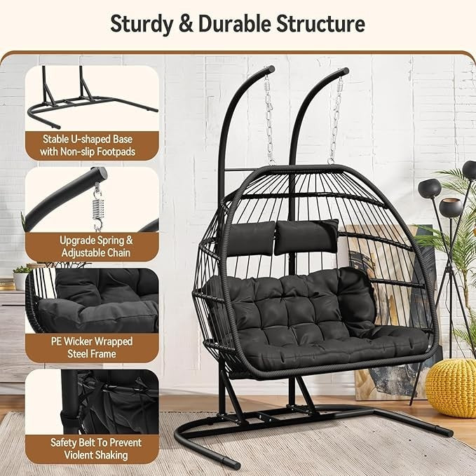 2 Seater Hanging Egg Chair with Stand – Foldable Rattan Swing Hammock