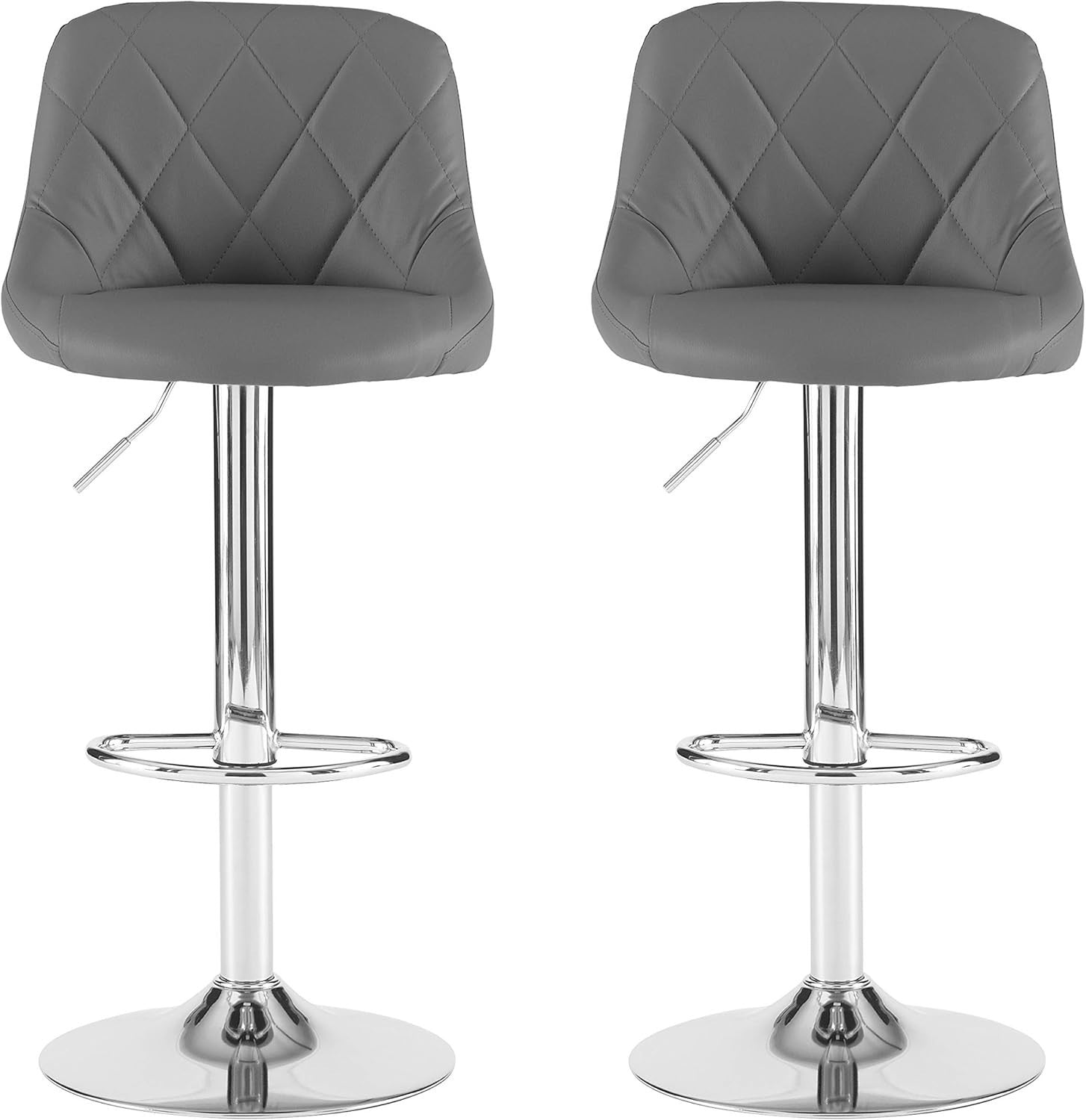 Dark Grey Faux Leather Adjustable Swivel Bar Stools Set of 2 Chrome