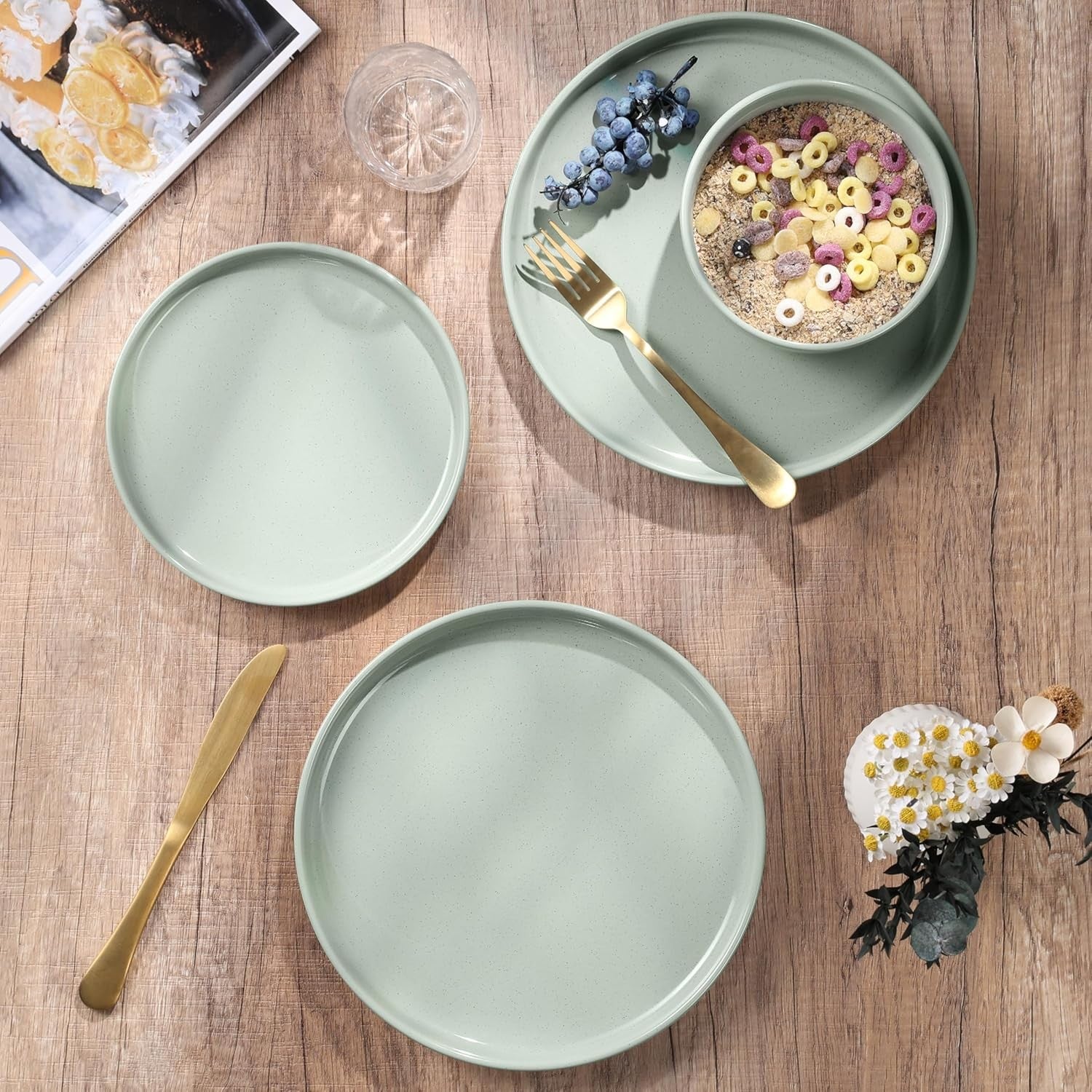 6pc Stoneware Dinnerware Set Plates Bowls Green for 2