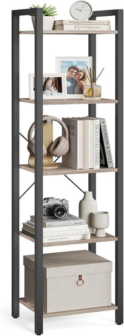 5-Tier Heather Greige Industrial Bookcase – Tall Narrow Storage Shelf Unit