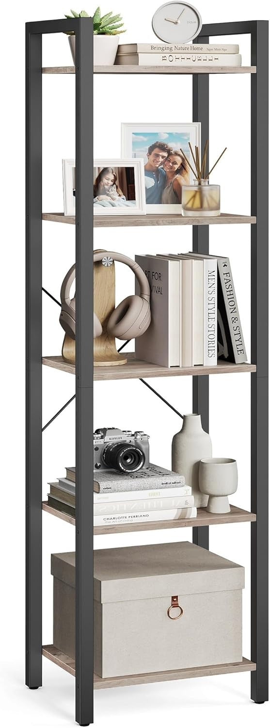 5-Tier Heather Greige Industrial Bookcase – Tall Narrow Storage Shelf Unit