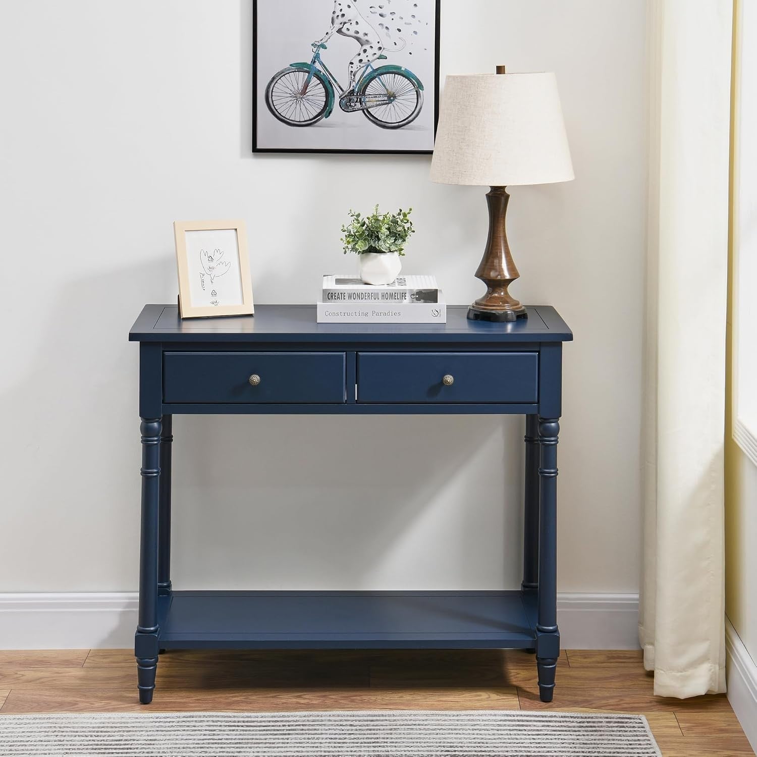 Blue Console Table with 2 Drawers & Shelf, 90x76.5cm, Sturdy Wood