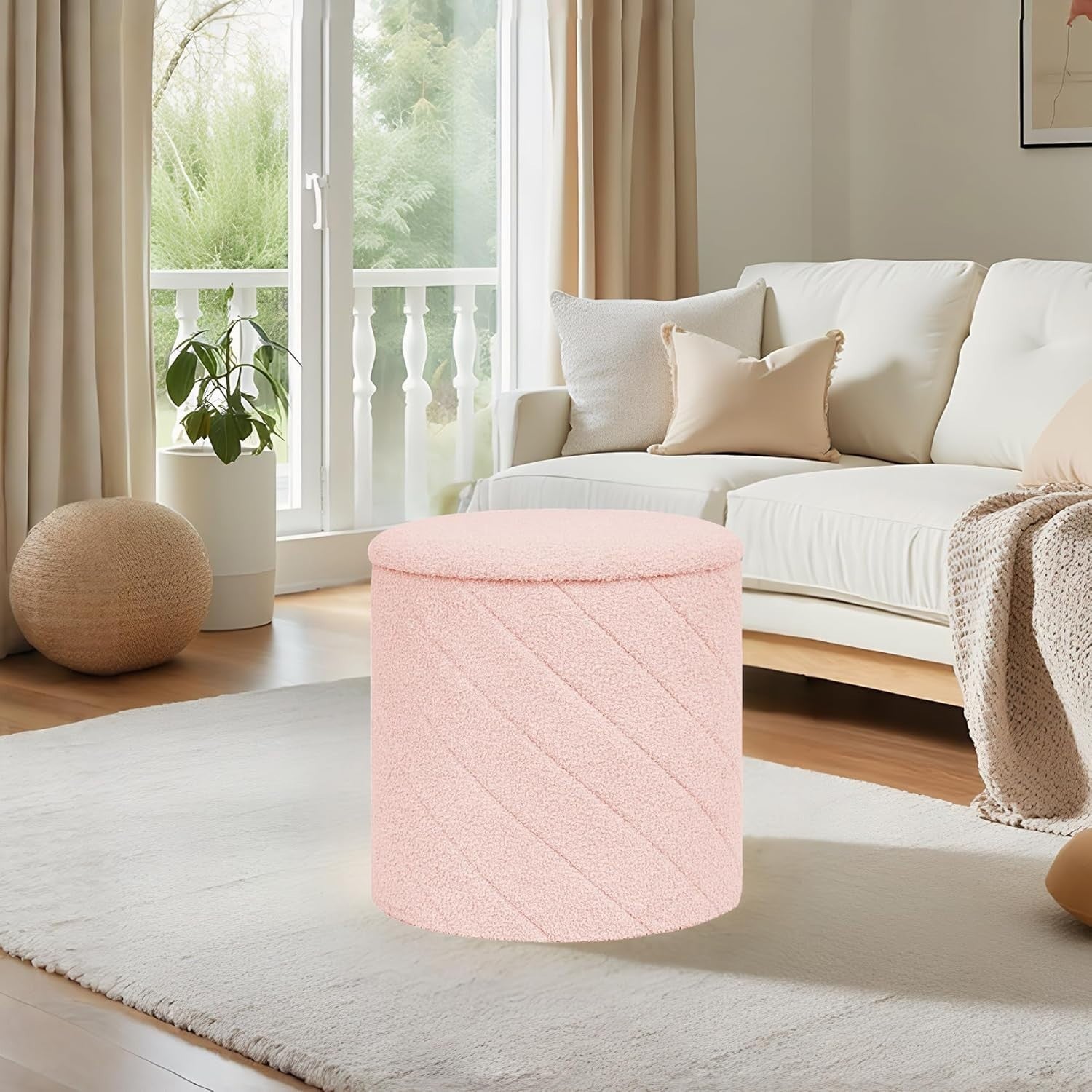 Pink Boucle Storage Ottoman Round Folding Footstool Tray-Top Vanity Seat