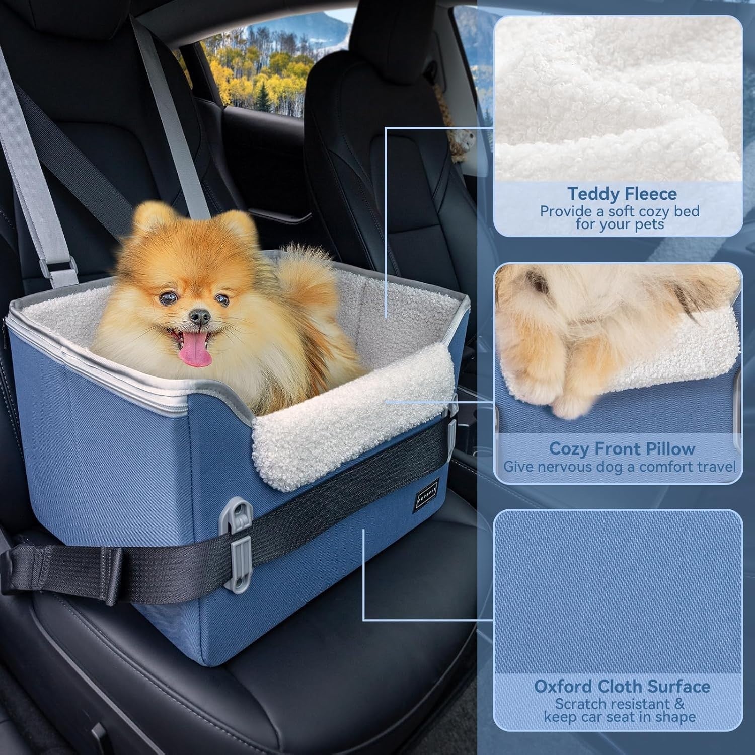 Dog Booster Car Seat Adjustable Height Travel Bed Safety Leashes Blue