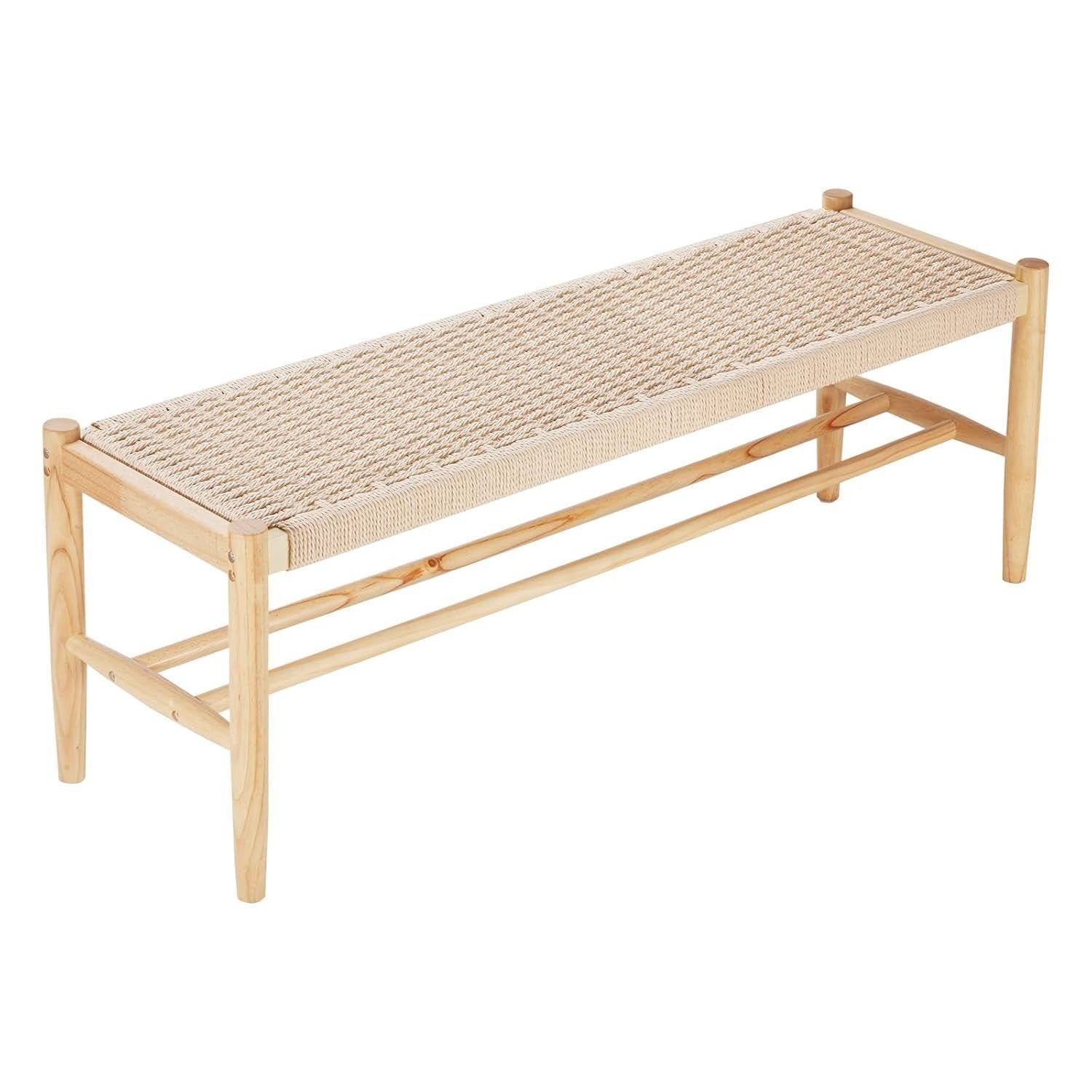 Natural Rattan Wooden Bench with Oak Legs, Handwoven Seat & Shoe Storage