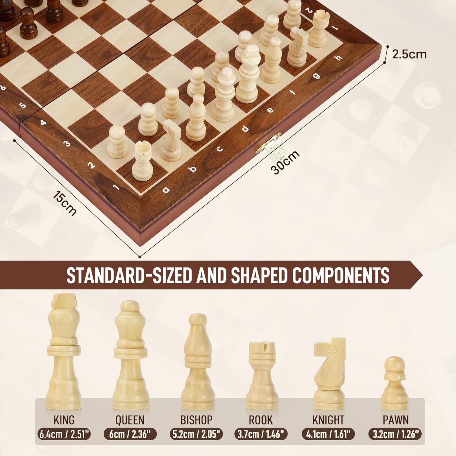 Wooden Magnetic Chess Set 30cm Folding Board w/ Storage & Extra Queens