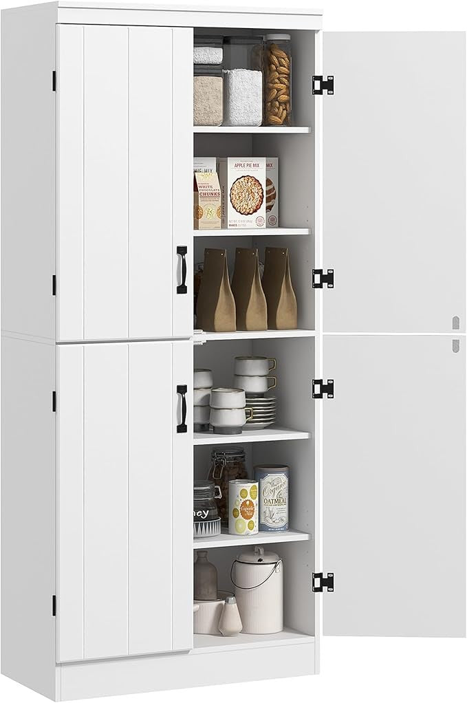 Tall White Kitchen Storage Cabinet with 4 Doors & Adjustable Shelves 176x40x60cm