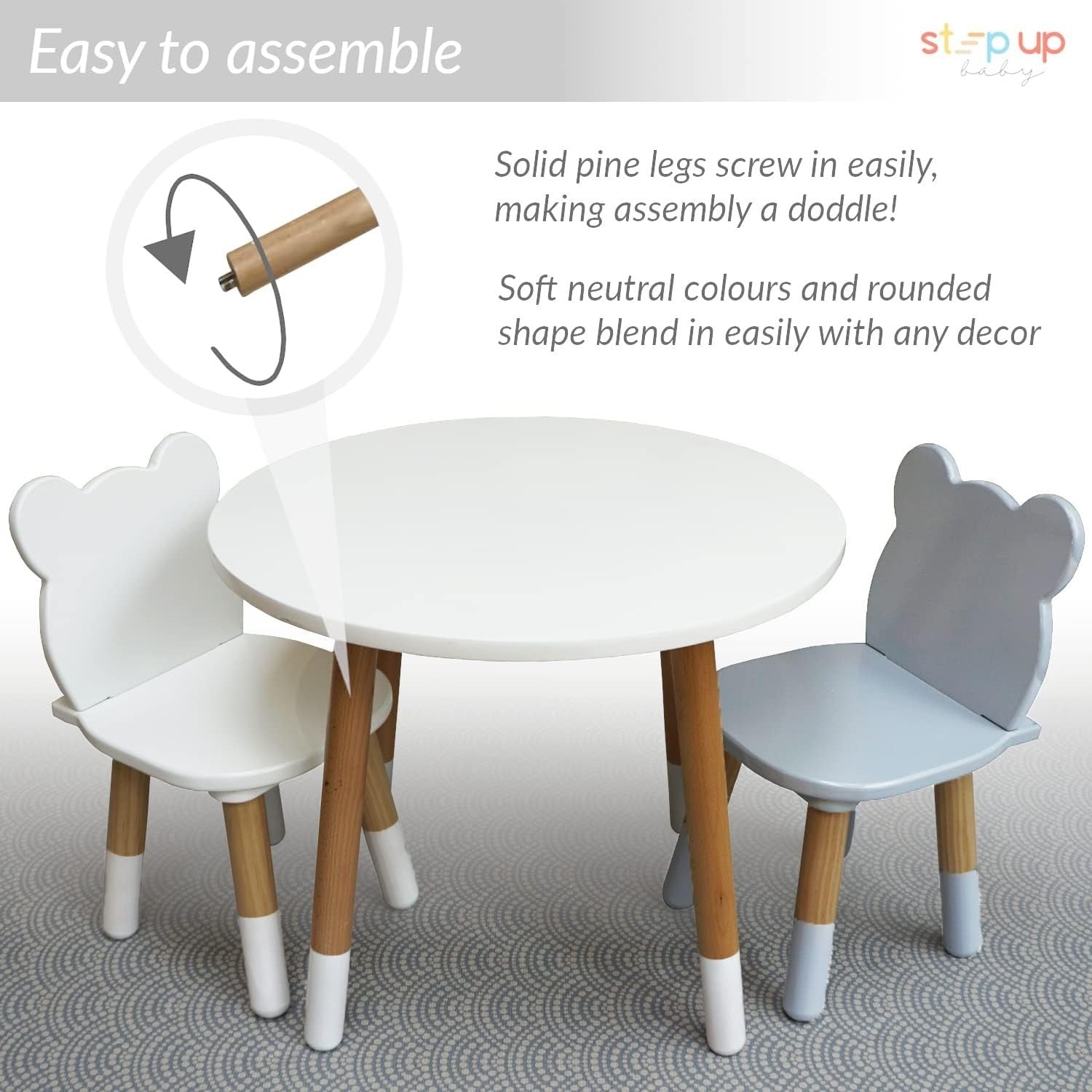Kids Table and 2 Chairs Set Wooden Toddler Bear Shape Round Play Snack White