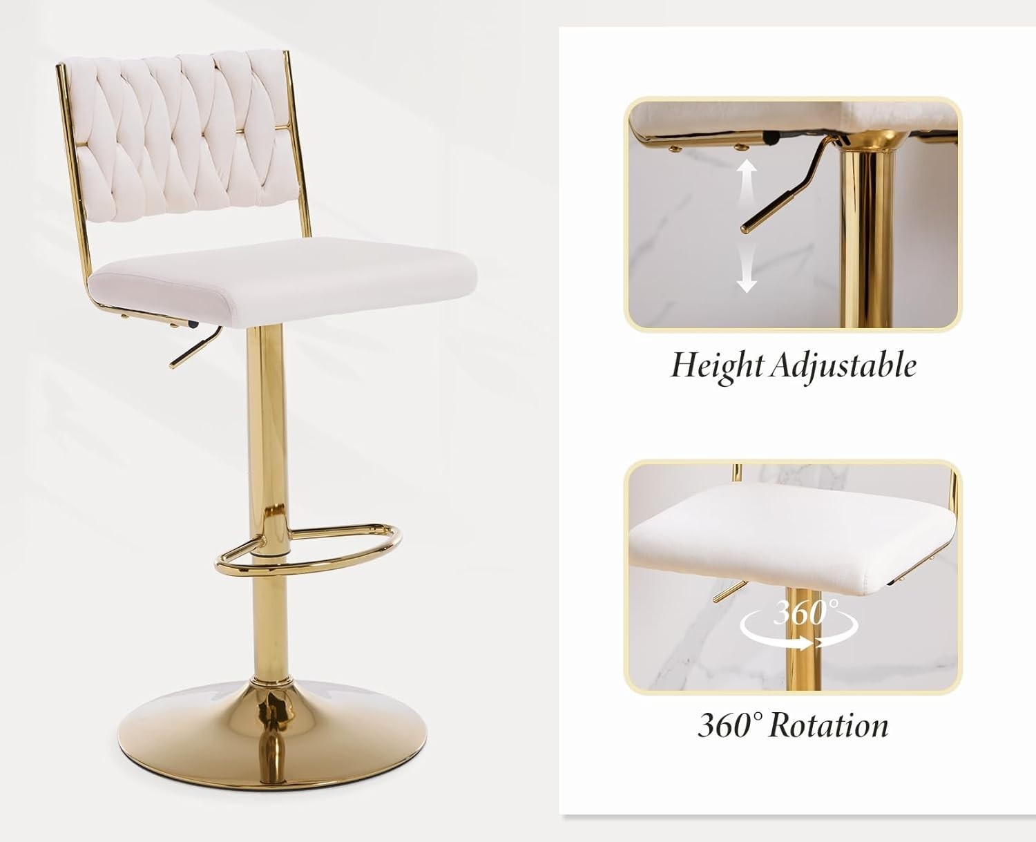 Adjustable Velvet Bar Stools Set of 2 Beige Swivel Counter Chairs