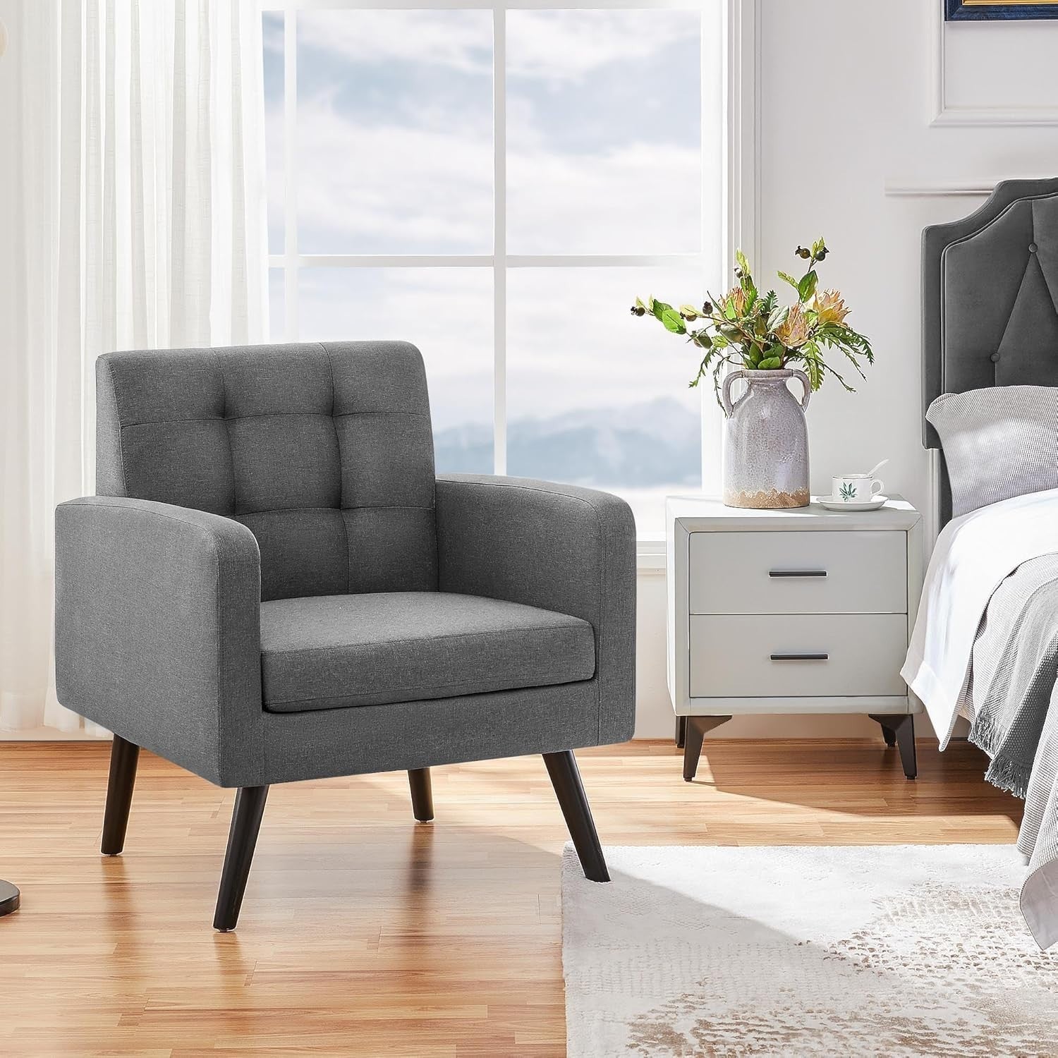 2x Dark Grey Accent Armchairs | Mid Century Tufted Lounge Chairs Set