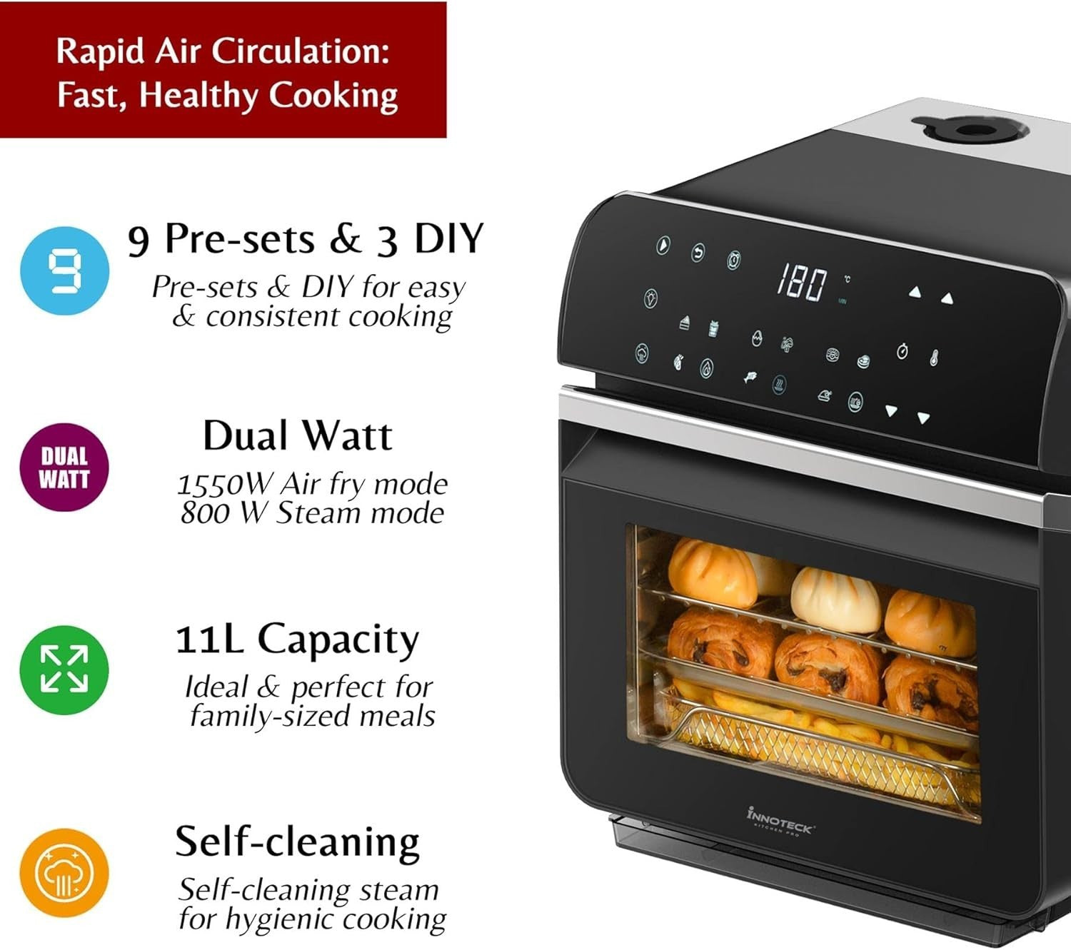 11L Steam Air Fryer Oven 9 Presets Touch LED 1150ml Water Tank No PFOA