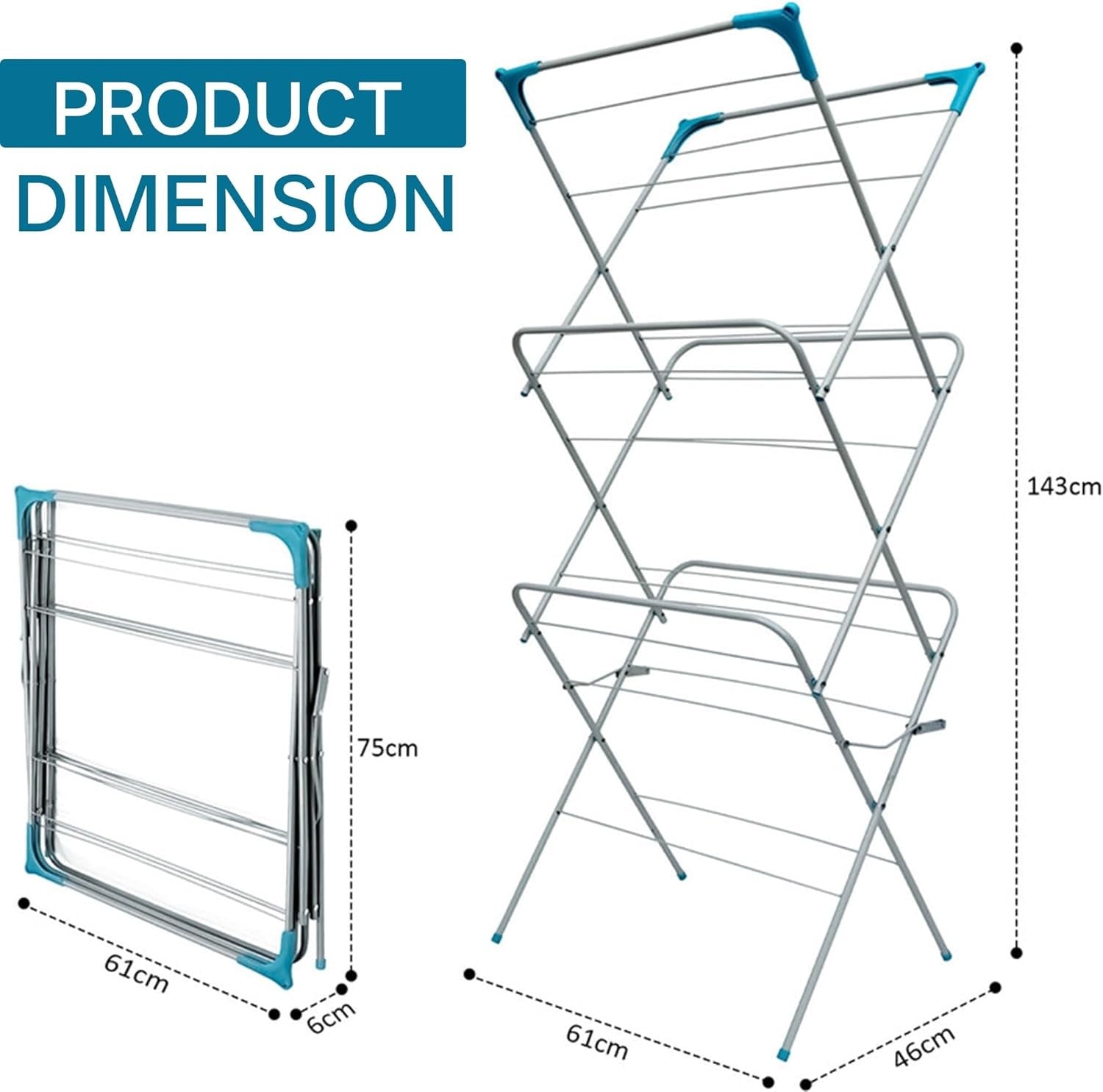 3 Tier Clothes Airer Folding Laundry Drying Rack Non Slip Space Saving
