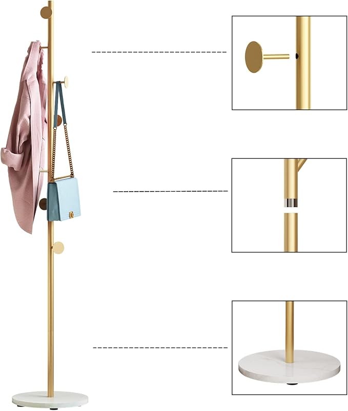 Gold Metal Coat Rack with Marble Base | Freestanding Hall Tree for Clothes & Bag
