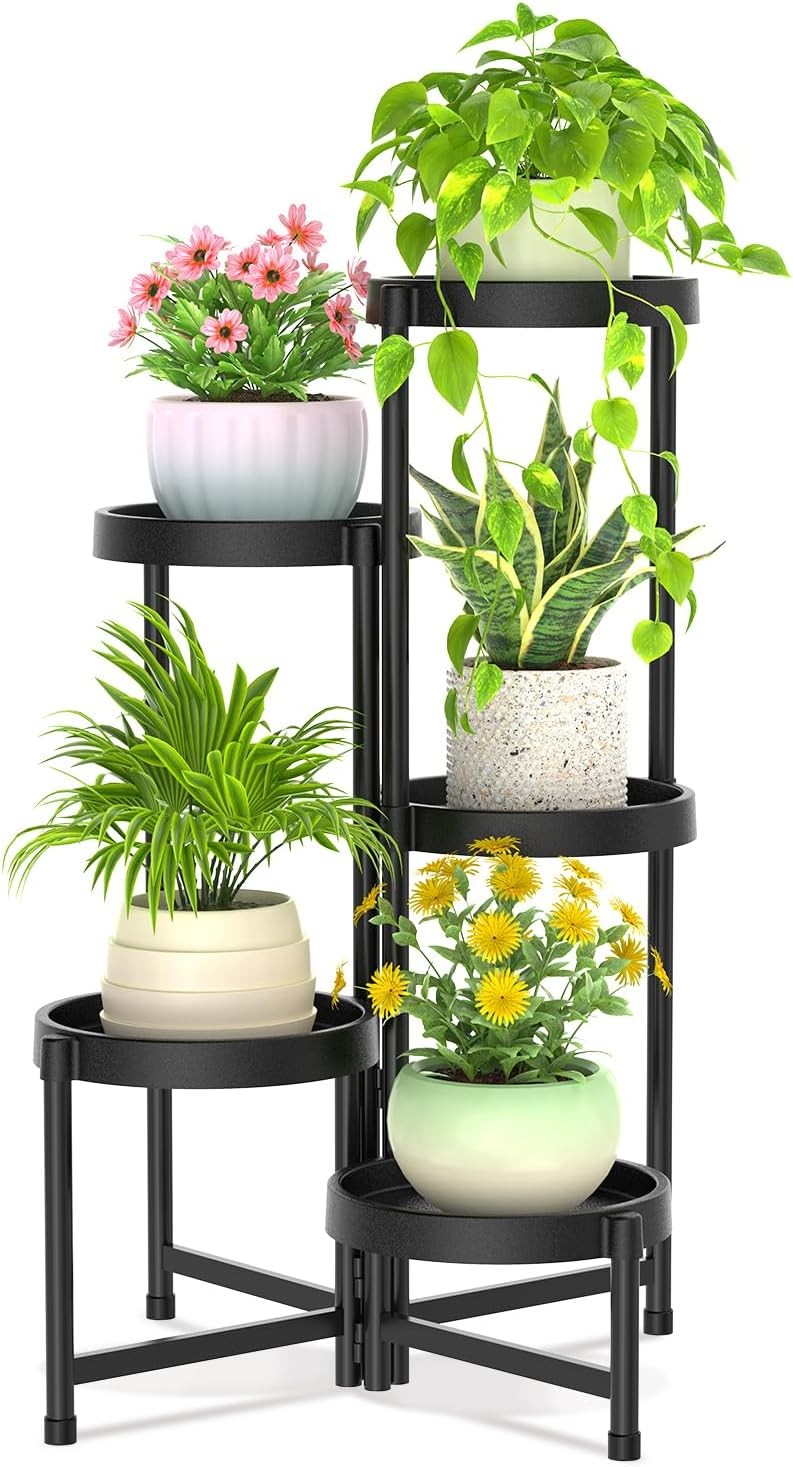 5 Tier Folding Plant Stand Indoor Outdoor | Black Metal Corner Flower Display