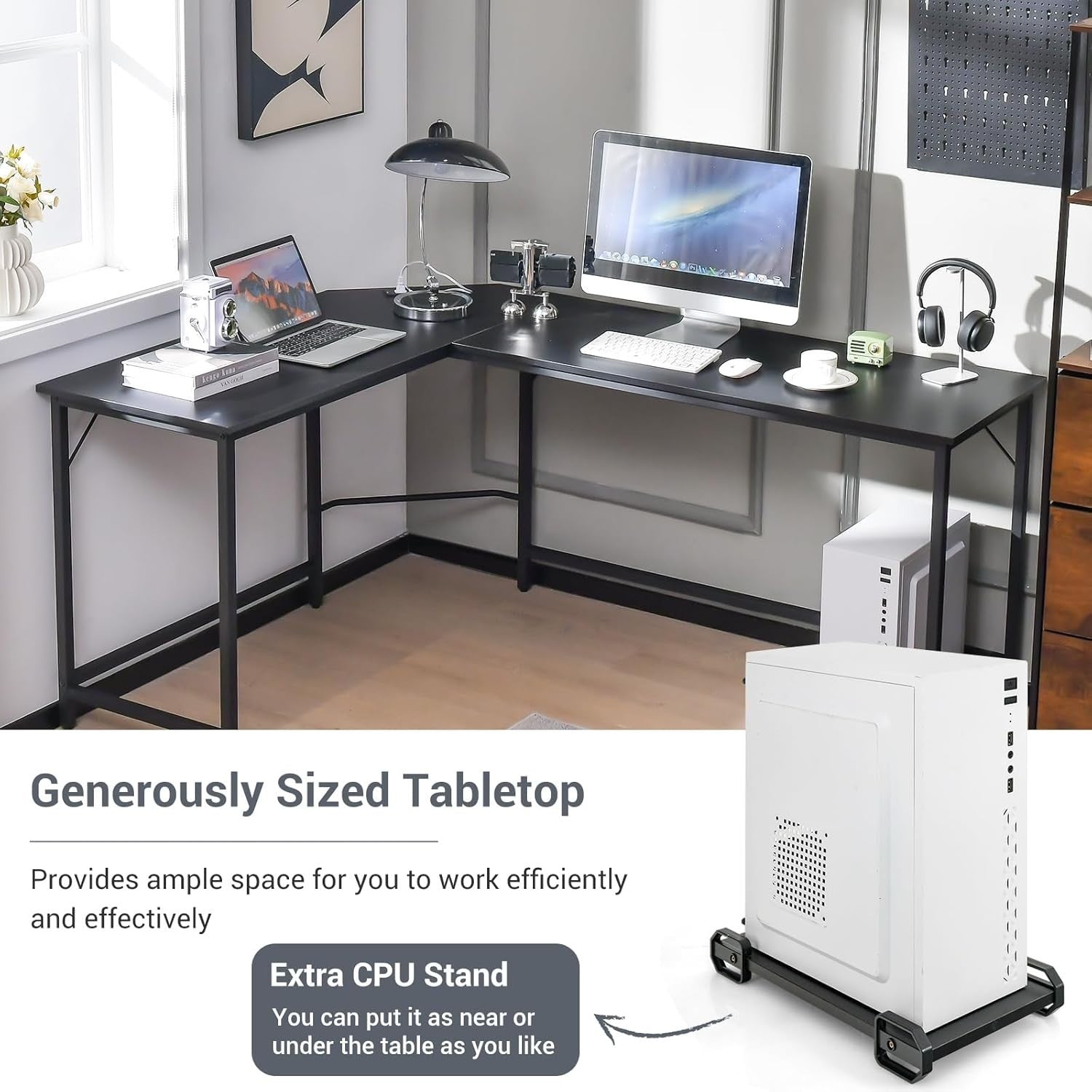 Black L-Shaped Desk 168cm Corner Computer Table with CPU Stand Office