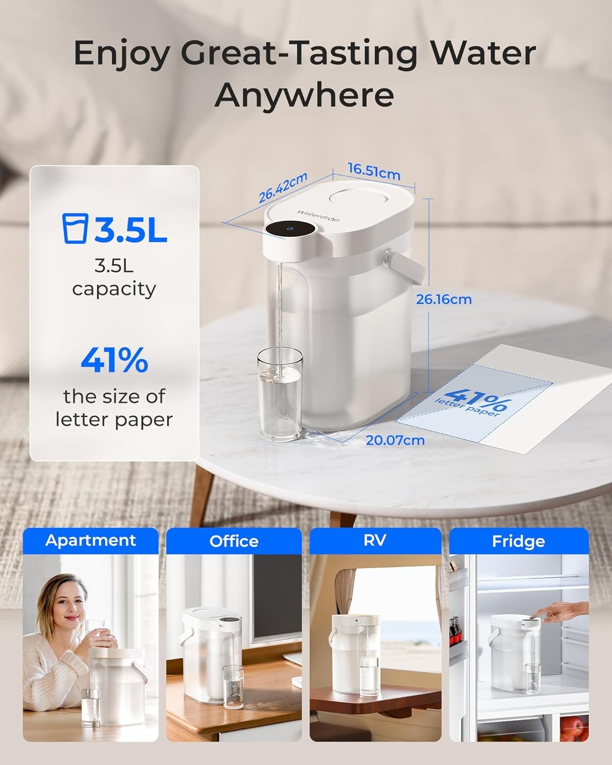 Rechargeable Water Filter Dispenser 3.5L Electric Jug Softens Water