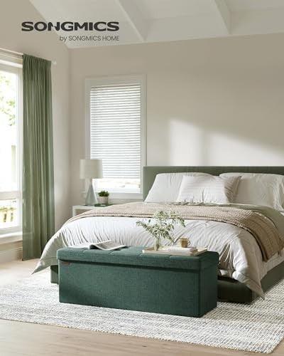 Foldable Storage Ottoman Bench 76cm Linen Seat Retro Green