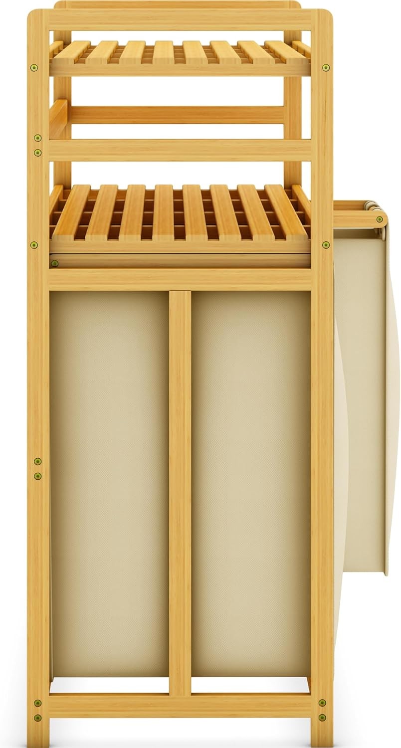 200L 4-Section Laundry Sorter Bamboo Frame Beige With Shelf Removable Bags