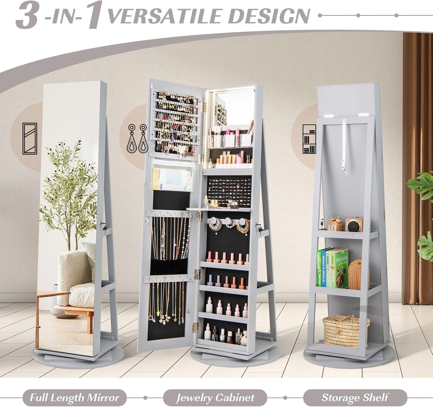 Grey 360° Swivel LED Jewelry Cabinet Mirror Lockable 3-Color Storage