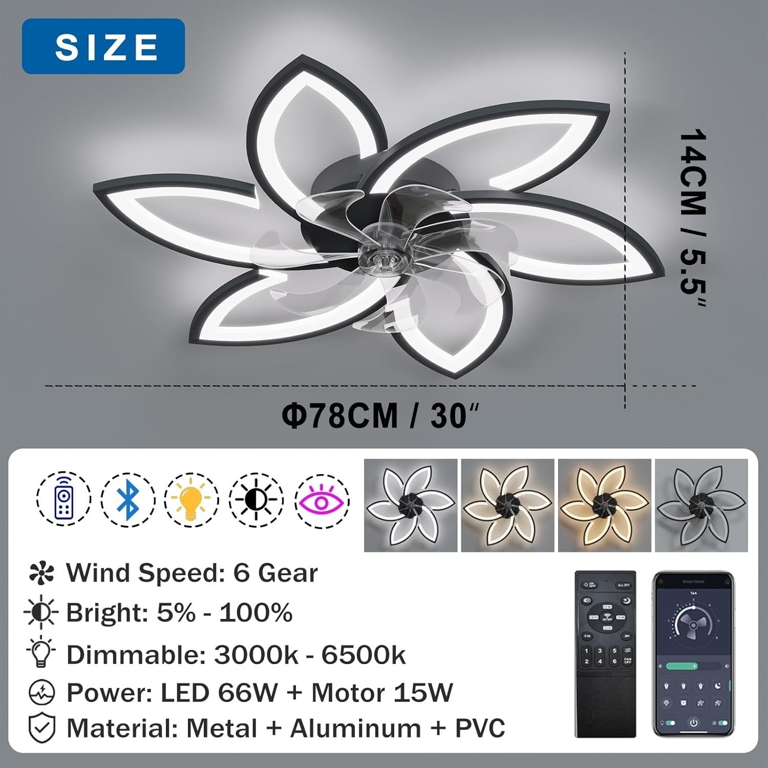 78CM Ceiling Fan with Light, 6-Speed, Remote, Silent DC, Gold, LED