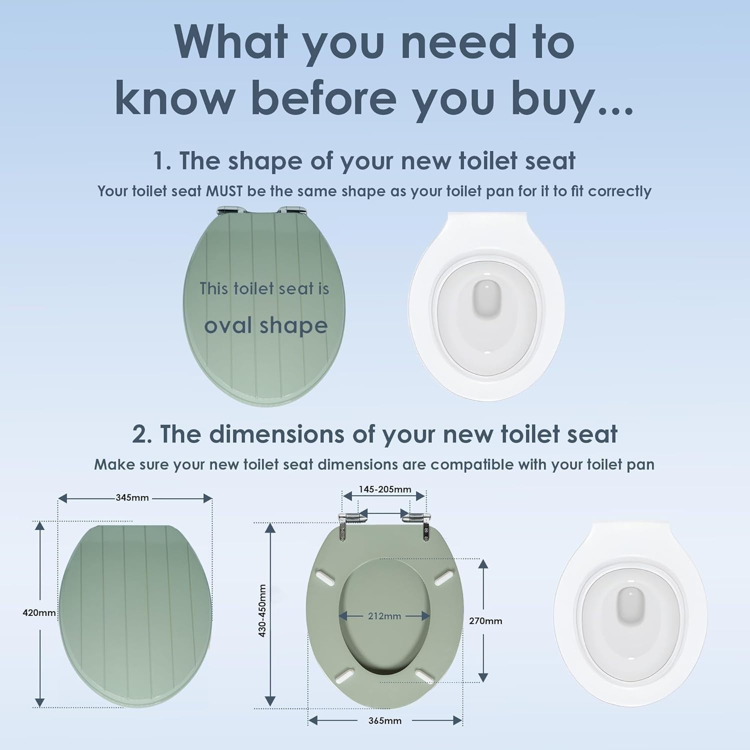 Sage Green Toilet Seat Tongue & Groove Wood Stainless Steel Hinges 42x35cm
