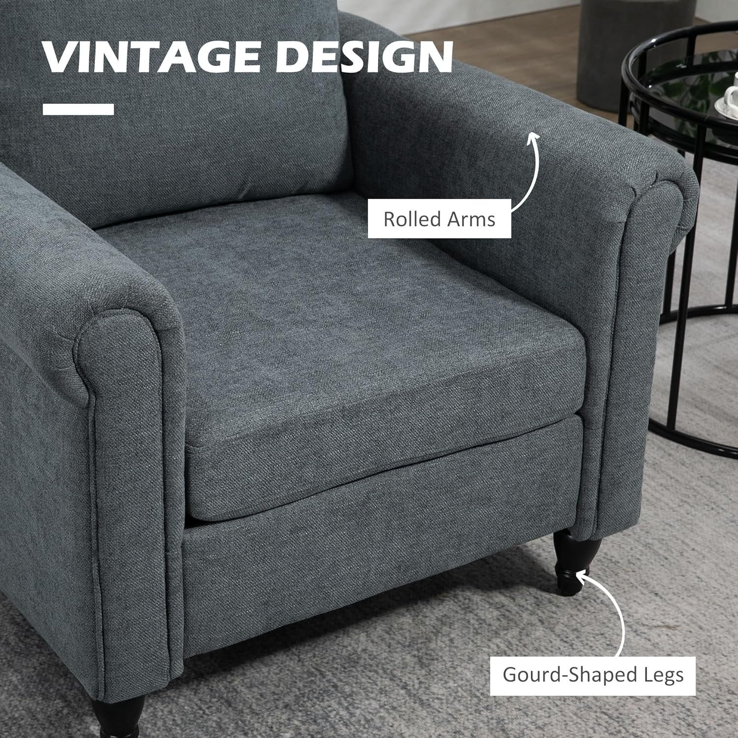 Dark Grey Upholstered Accent Armchair with Back Pillow & Rubber Wood Legs