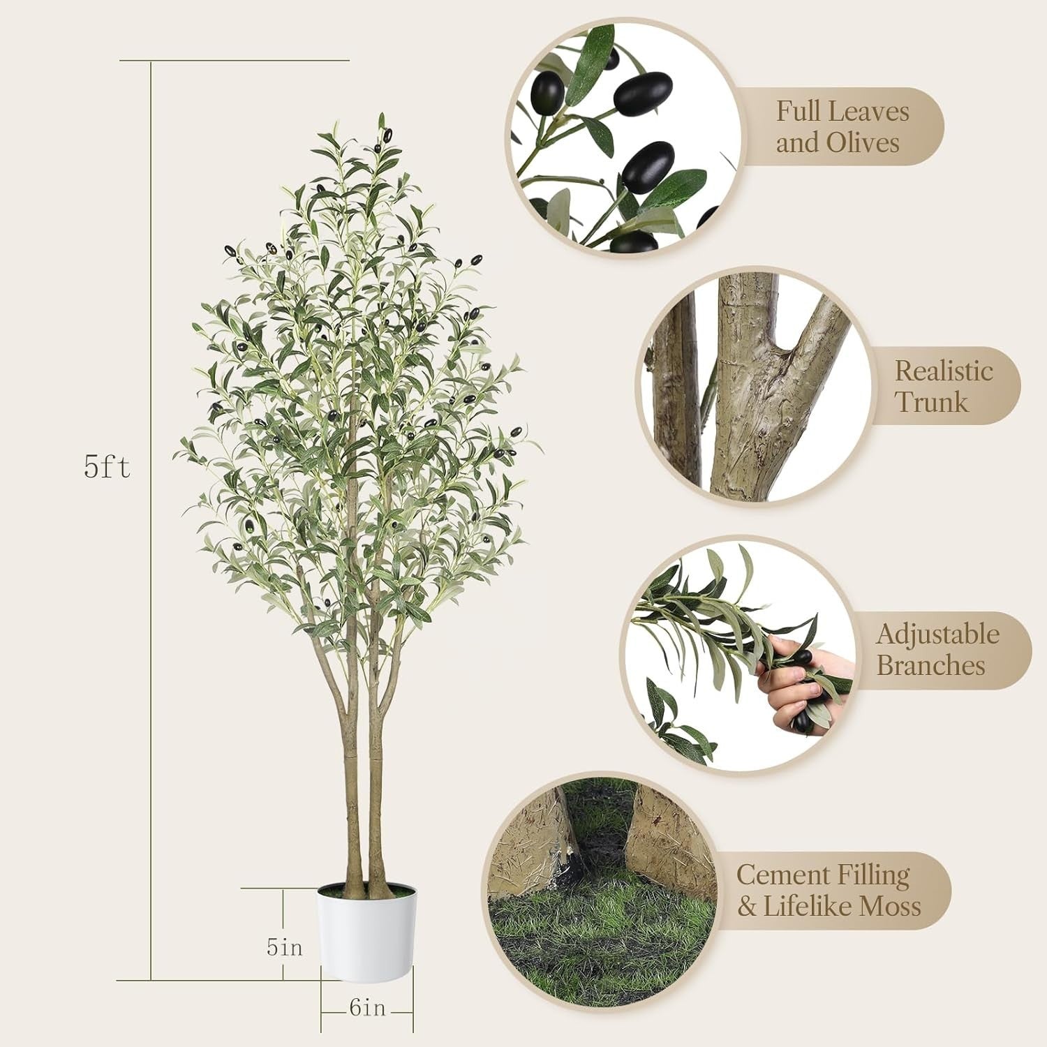 5FT Faux Olive Tree with White Pot Natural Wood Trunk Indoor Floor Home Decor