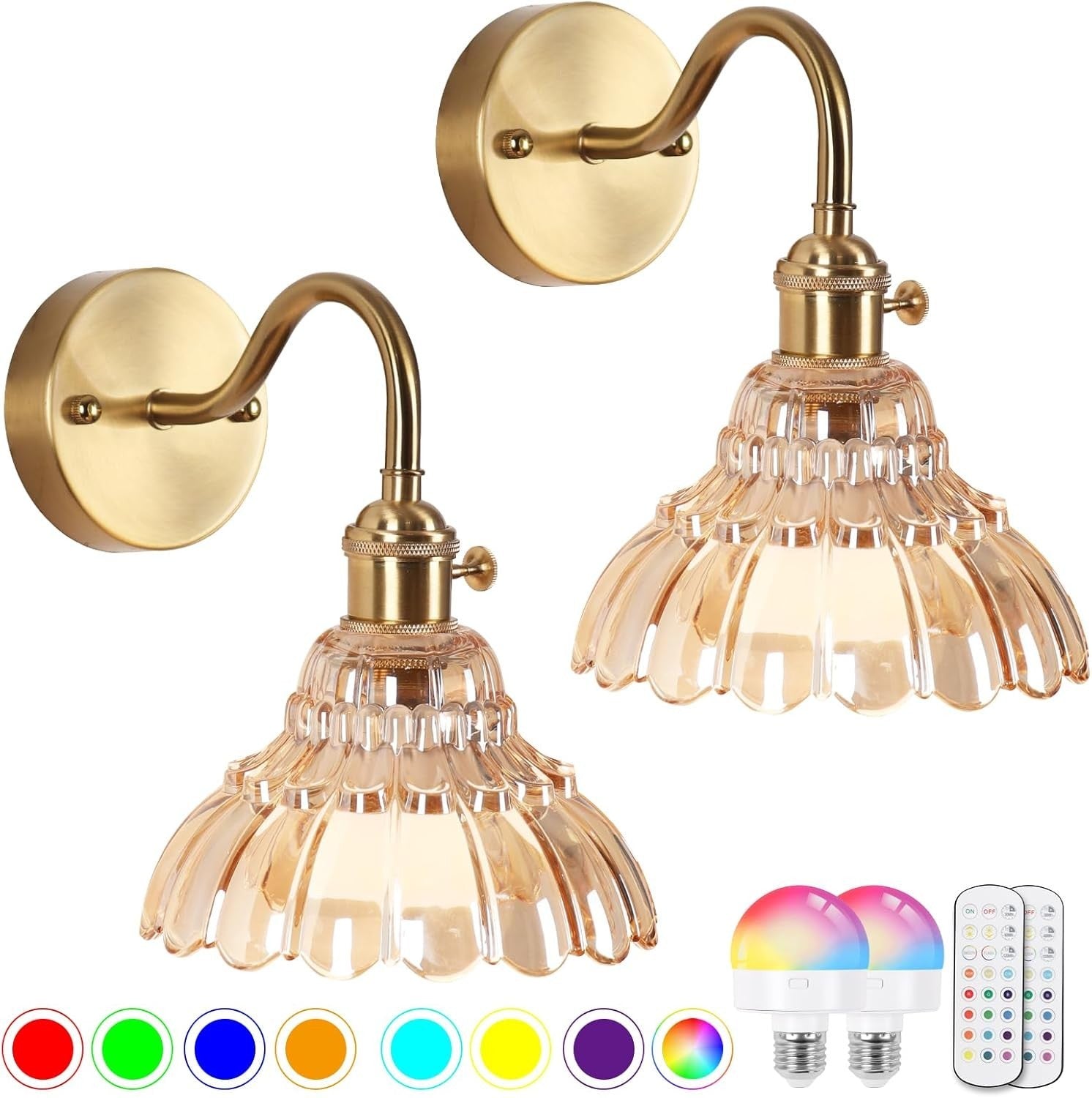 Rechargeable Vintage Wall Lights Amber Glass Dimmable Remote 2-Pack