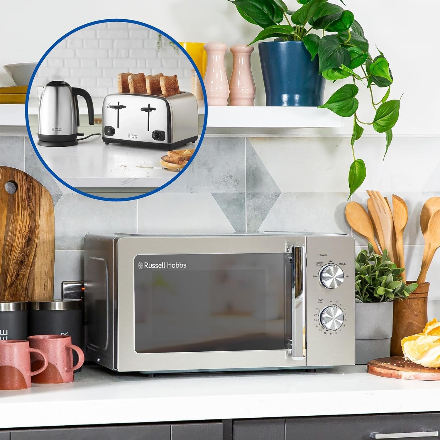 Stainless Steel Kitchen Set 1.7L Kettle 4-Slice Toaster 20L Microwave