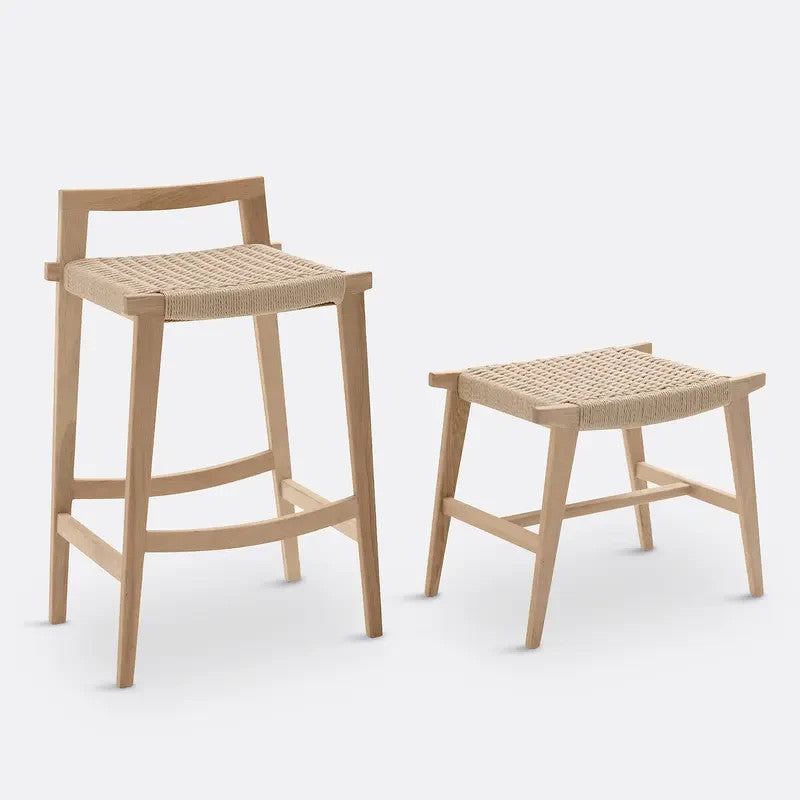 Oak Braided Stool | Handwoven Paper Cord Accent Seat for Table Height Use