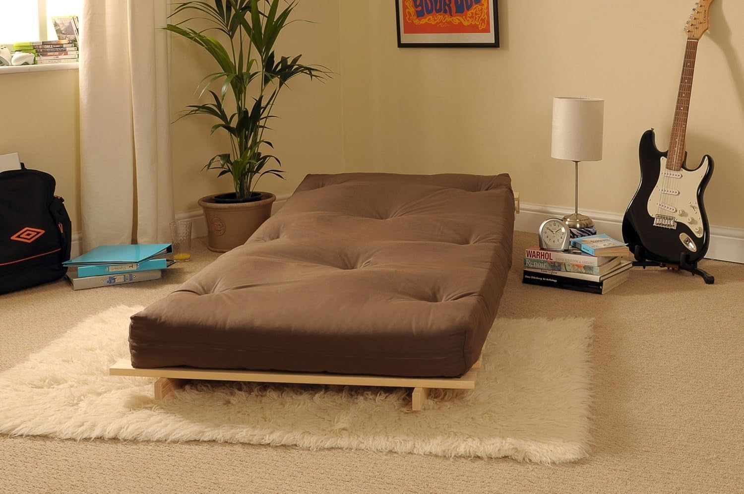 3ft Wooden Futon Bed Frame w/ Tufted Brown Mattress Guest Room Sofa