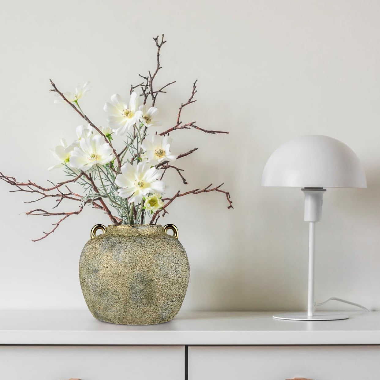 Rustic Gold Ceramic Vase 20cm with Handles Farmhouse Pampas