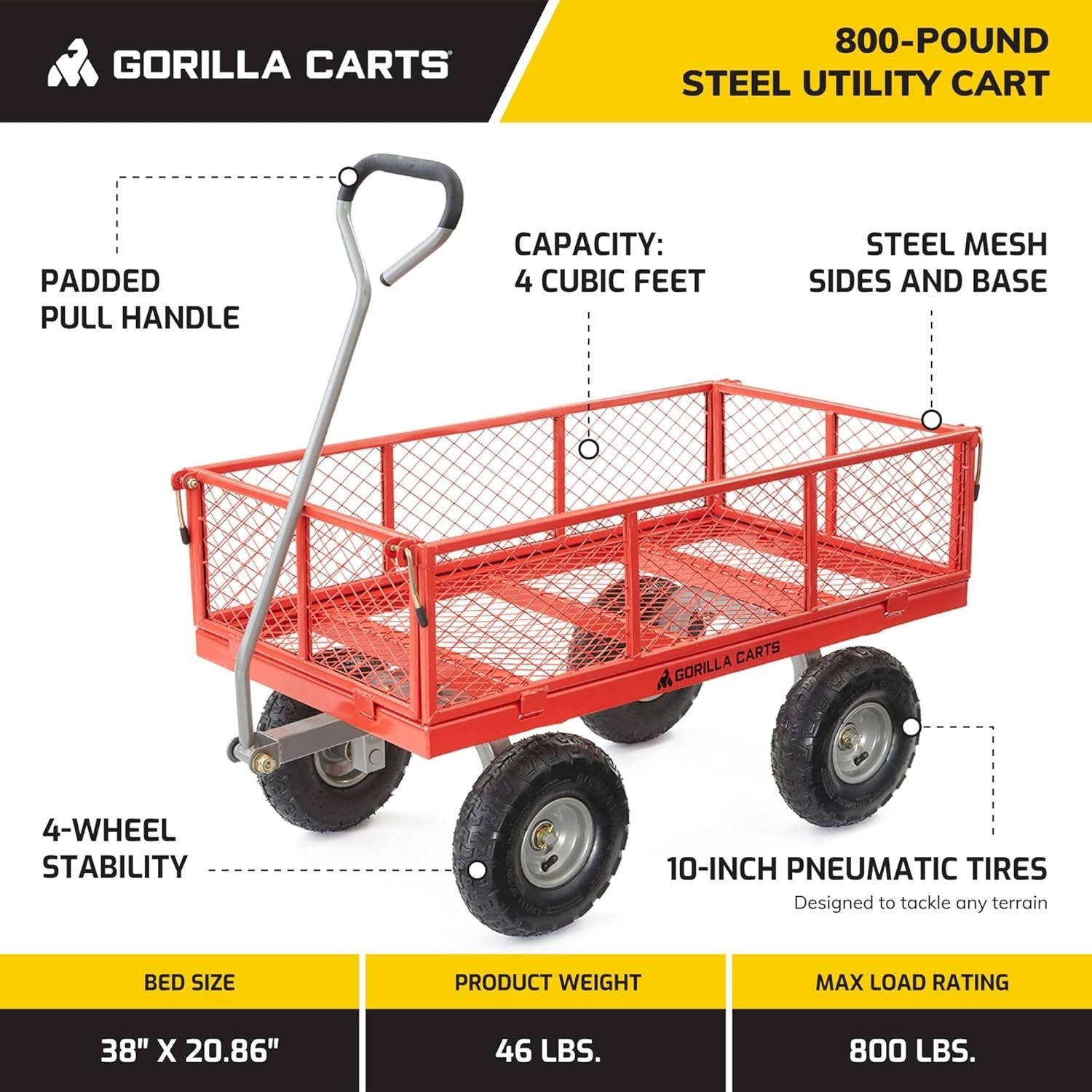 Heavy Duty 350kg Steel Garden Utility Wagon with Removable Sides & 10" Tires Red