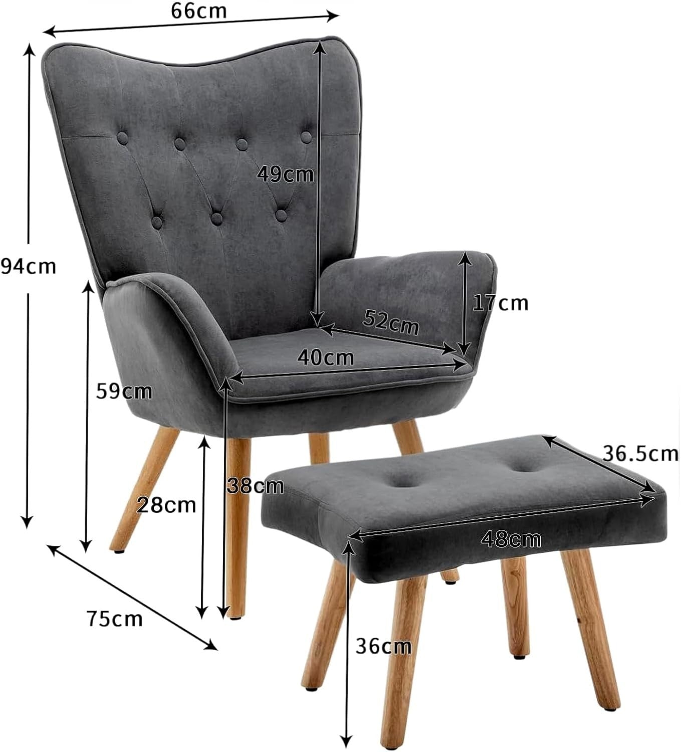 Dark Grey Velvet Armchair with Footstool, Comfy Reading Lounge Chair Set