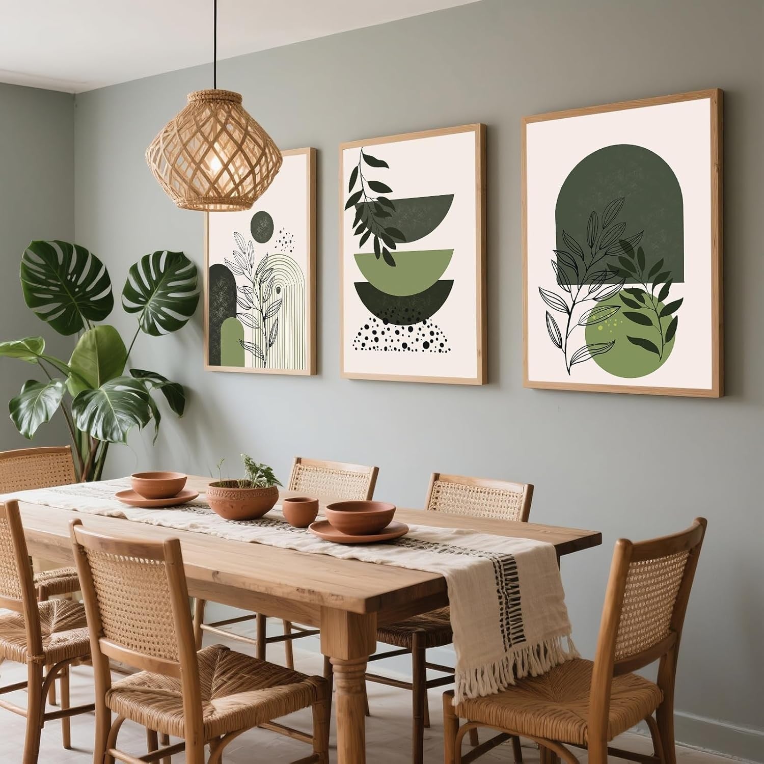 Green Boho Wall Art Set of 3 A4 Abstract Prints Sage Beige Modern Decor