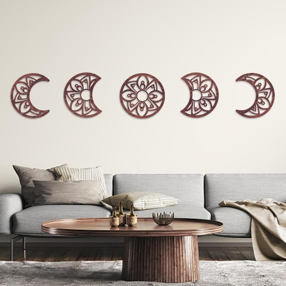 5pcs Moon Phase Wall Decor Boho Wood Flower Hanging Brownish Red