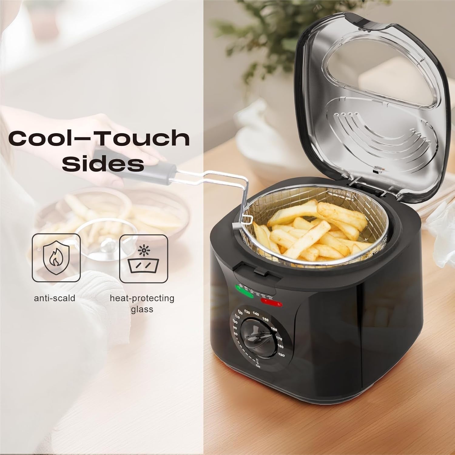 Electric Deep Fat Fryer 2L Mini 1300W Adjustable Temp Viewing Window Black