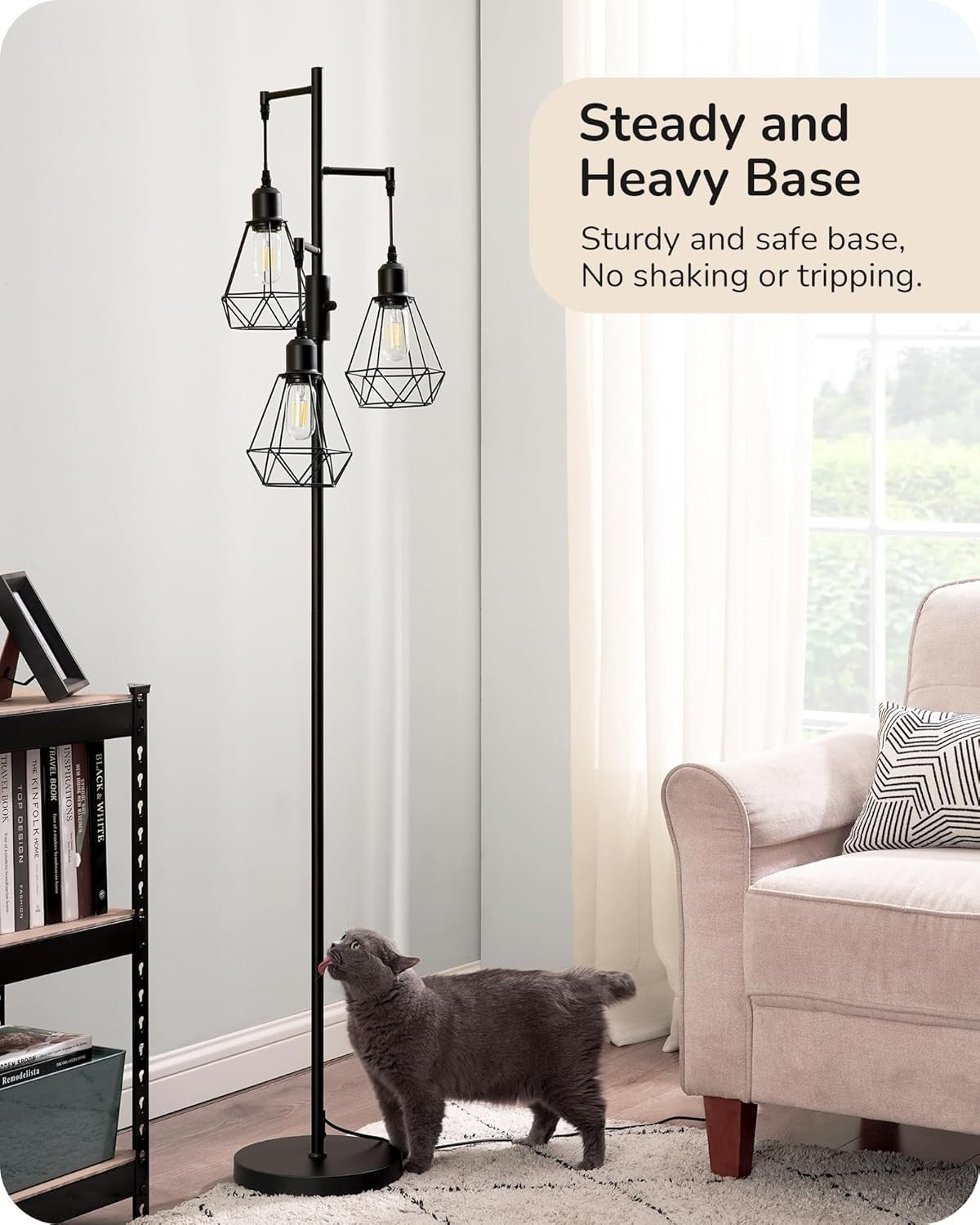 Dimmable Industrial Floor Lamp with 3 LED Bulbs & Diamond Cage Shades