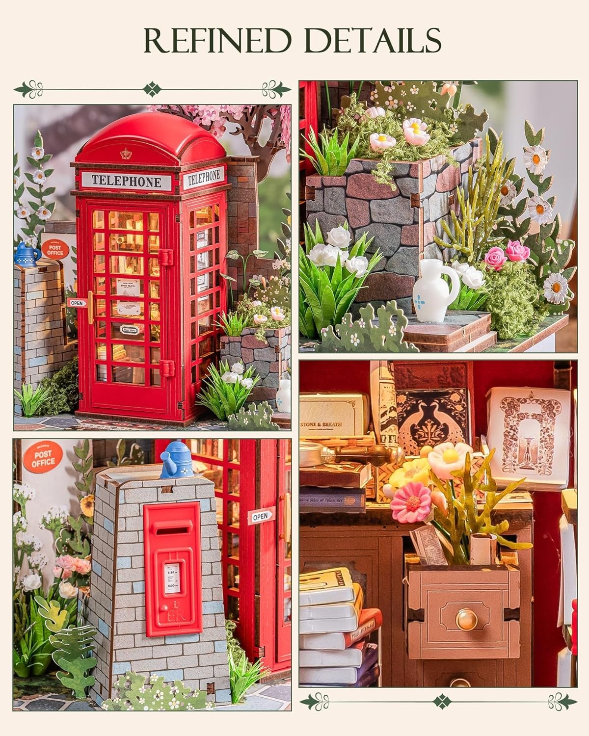 3D Wooden Telephone Box Book Nook Kit LED Miniature Library Decor