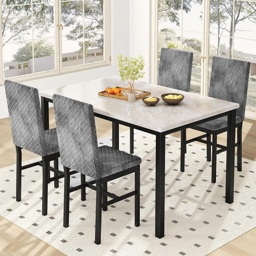 Faux Marble Dining Table & 4 Upholstered Chairs Set Space-Saving Design (Gray)