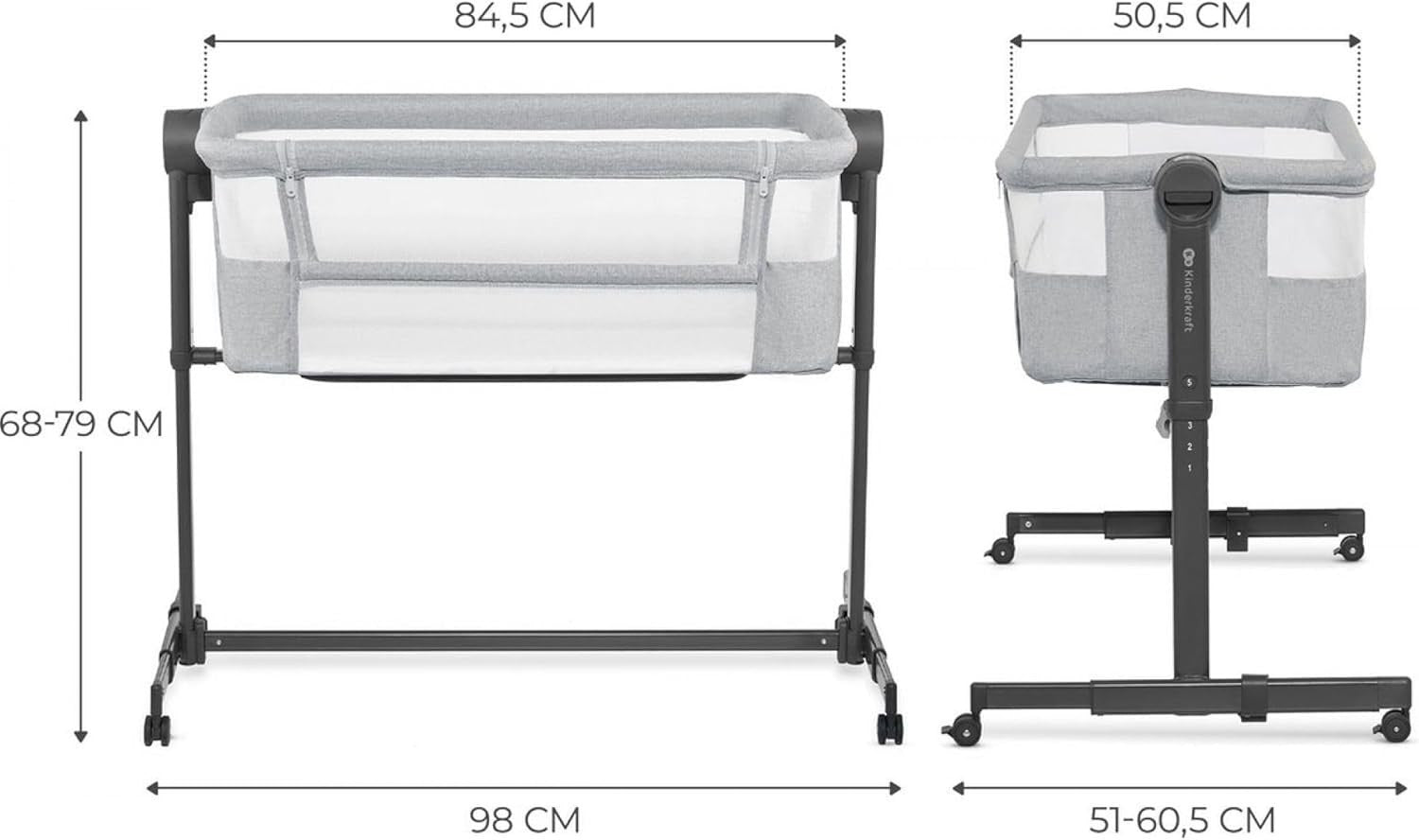 Bedside Baby Crib Co-Sleeper Cot Adjustable Height Travel Bassinet Light Grey