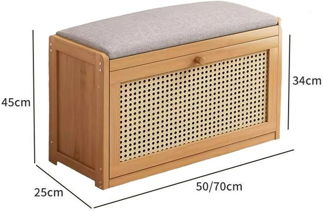 Narrow Shoe Bench 2-Tier Rattan Door Storage Seat Organiser 50cm Entryway