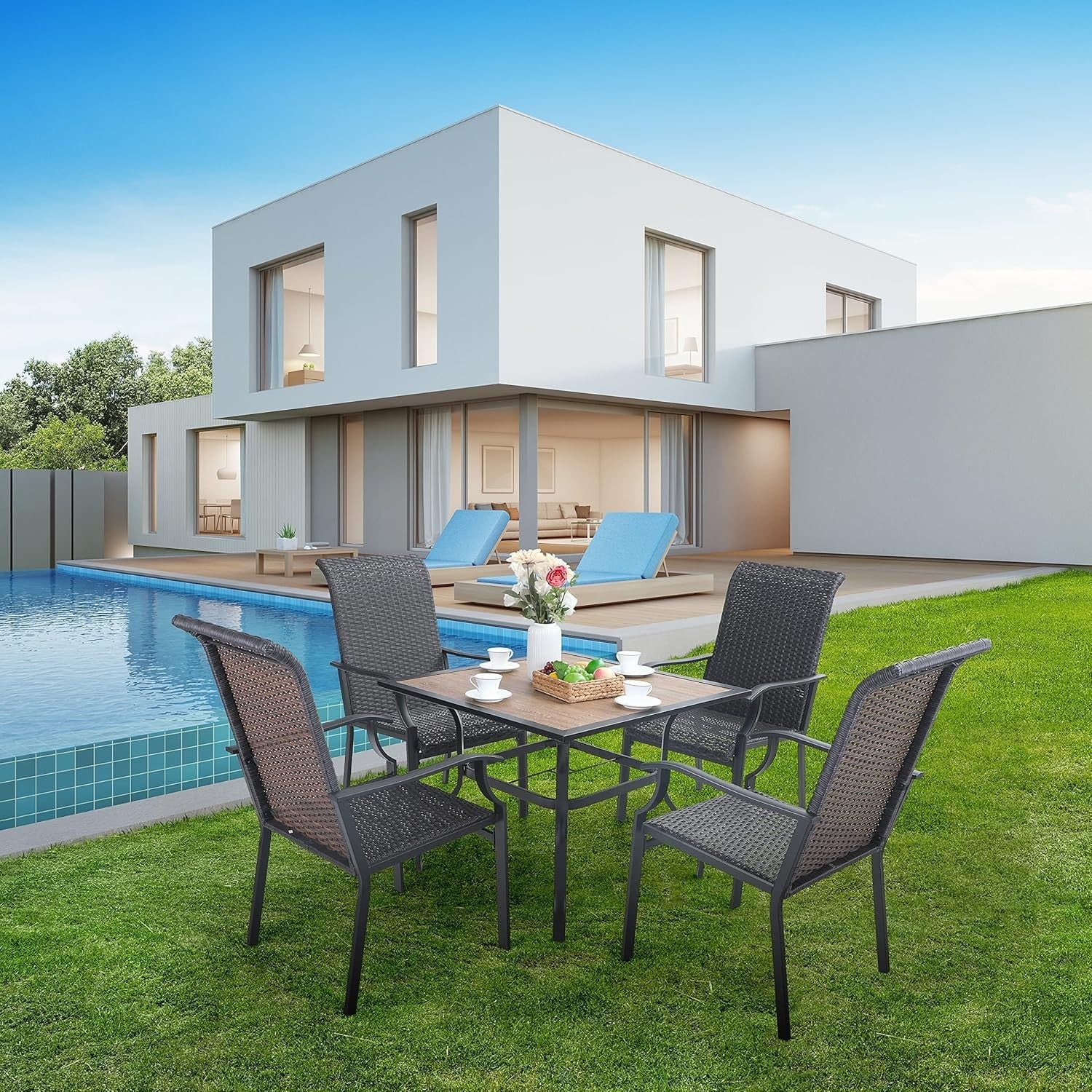 Outdoor 5-Piece Garden Dining Set with Metal Table & Rattan Chairs + Sunshade