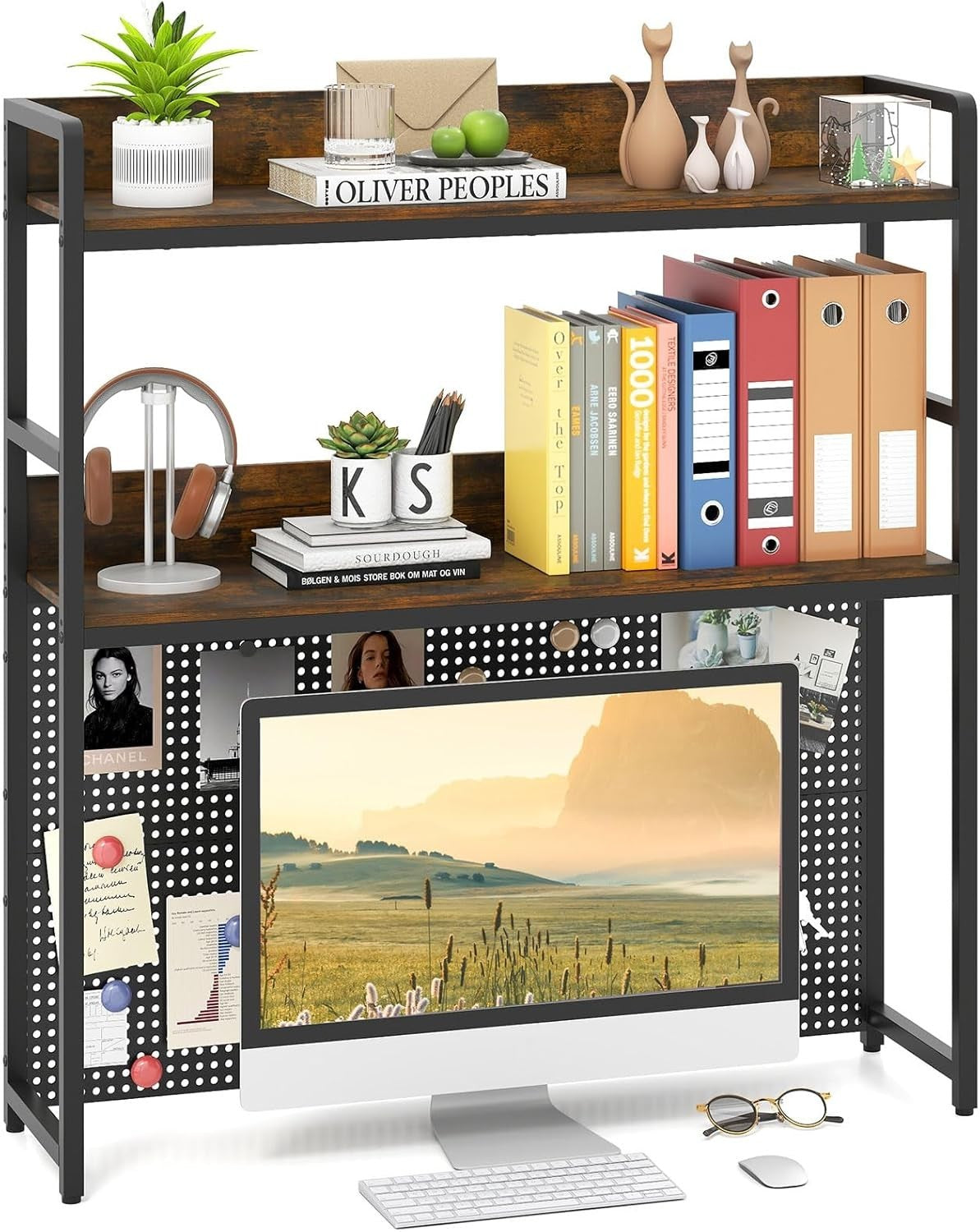 2-Tier Desktop Bookshelf Hutch Pegboard Monitor Shelf Rack Industrial Storage