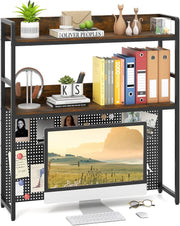 2-Tier Desktop Bookshelf Hutch Pegboard Monitor Shelf Rack Industrial Storage