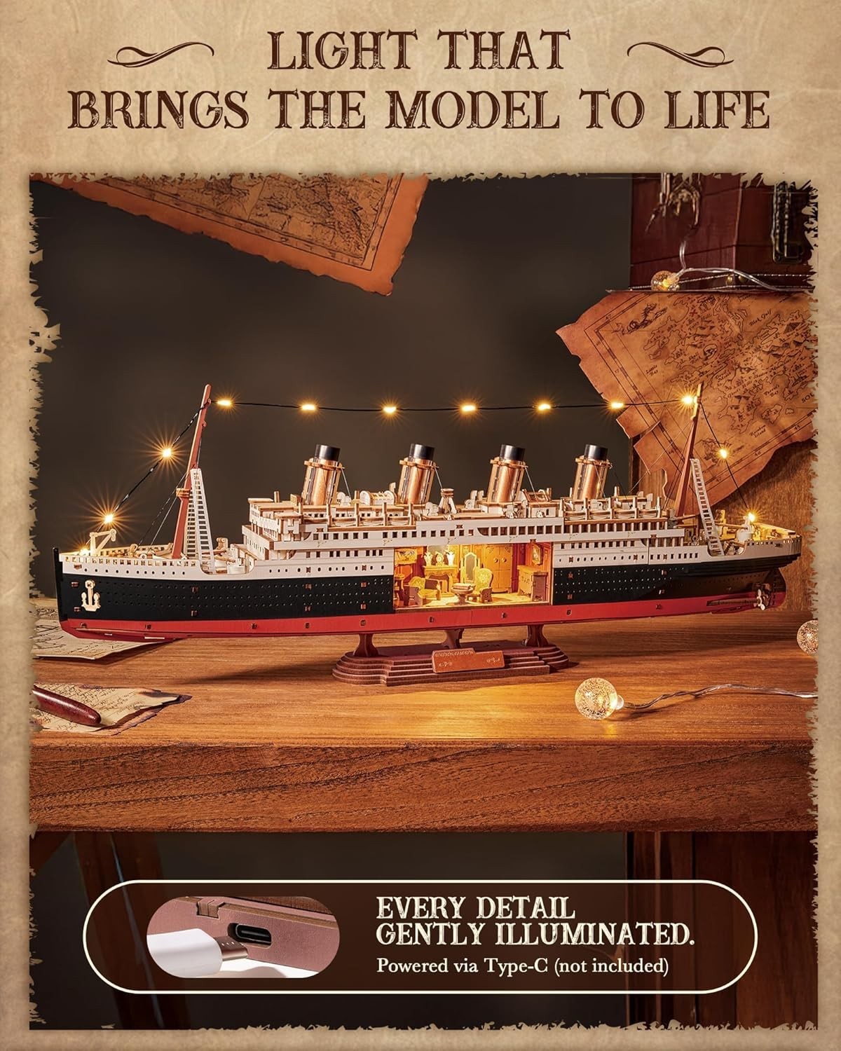3D Wooden Ocean Liner Puzzle LED Ship Model Kit Nautical Decor Gift