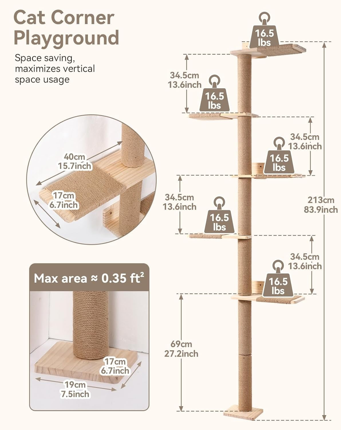 Floor to Ceiling Cat Tree 213cm Wall Mounted Scratching Post Shelves Tower
