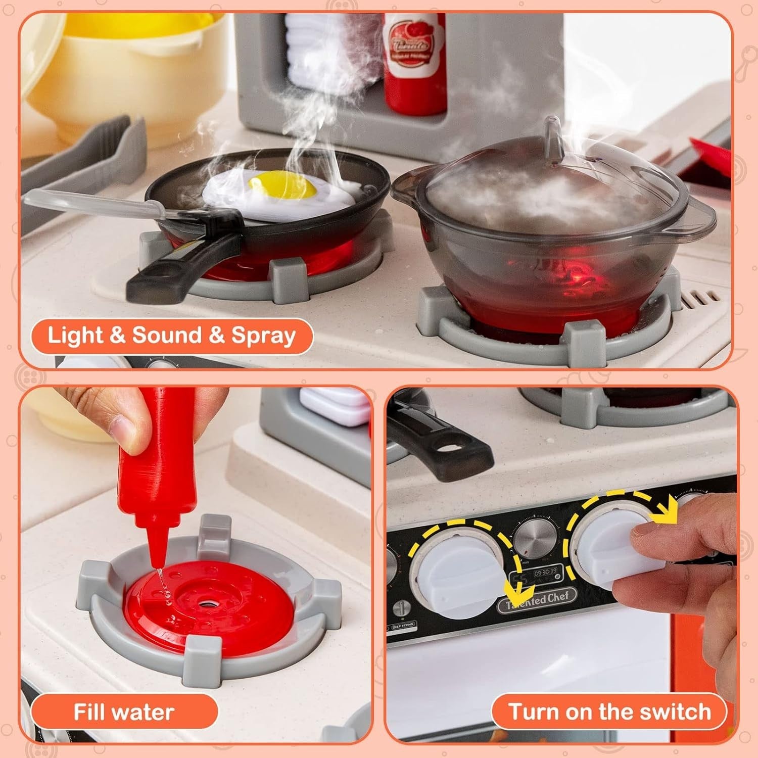 Kids Play Kitchen Orange w/ Lights Sounds Running Water Steam Set